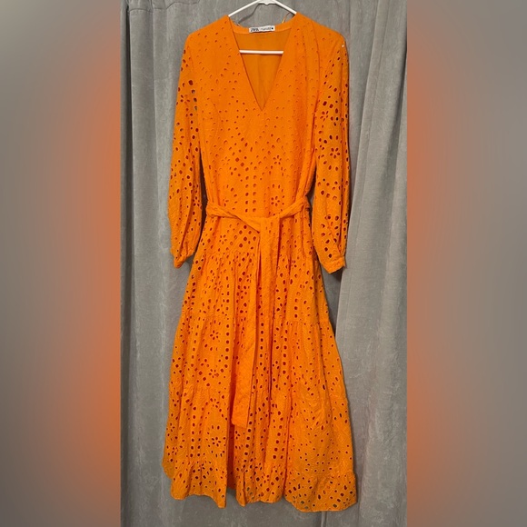 Zara Midi Cotton Eyelet Embroidered Orange  Belted Dress - Picture 2 of 5
